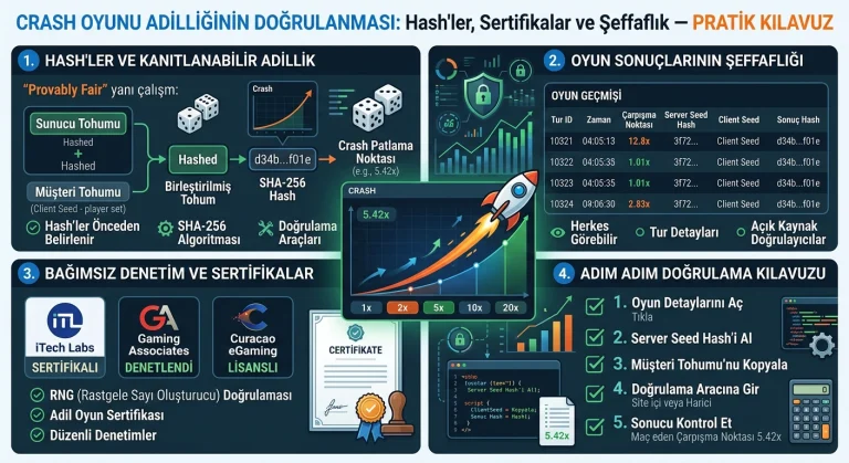 Crash Oyunu Adilliğinin Nasıl Doğrulanır: Hash'ler, Sertifikalar ve Şeffaflık — Pratik Kılavuz